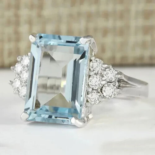 14K White Gold Plated 4Ct Emerald Cut Lab-Created Aquamarine Women Wedding Ring - Picture 1 of 6