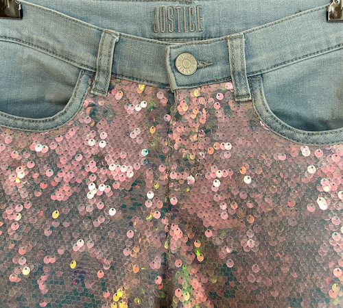 Justice Girl's Mid Rise Super Skinny Pink Sequin Blue Denim Jeans Size 14 - Picture 2 of 4