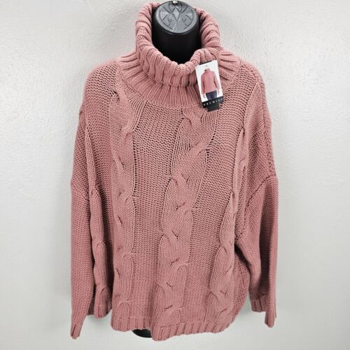 Premise Studio Cable Knit Cowl Turtle Neck Pink Rose Pullover Sweater Size Large