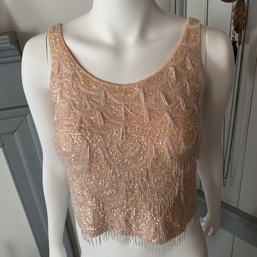Vintage 1960s peach beaded sequin showgirl top blouse go-go shirt evening wear - Picture 3 of 20