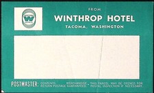 Winthrop Hotel Tacoma Washington Vintage Mailing Label Luggage Label 3 x 5"