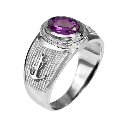Sterling Silver Mariner Anchor Band CZ Birthstone Ring - Picture 6 of 24