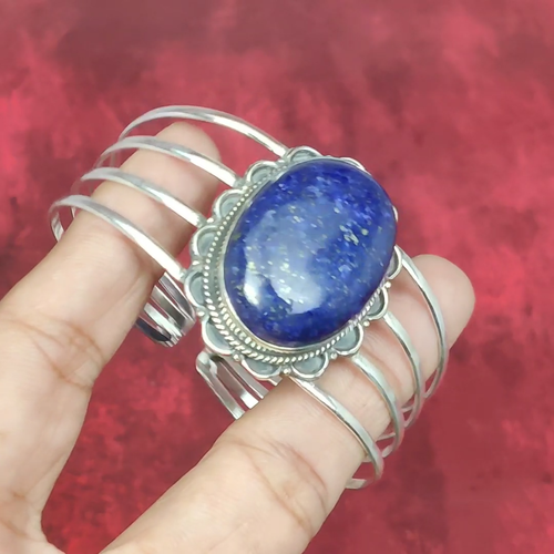 Lapis Lazuli Gemstone Handmade 925 Sterling Silver Adjustable Bangle Jewelry - Video 1 of 1