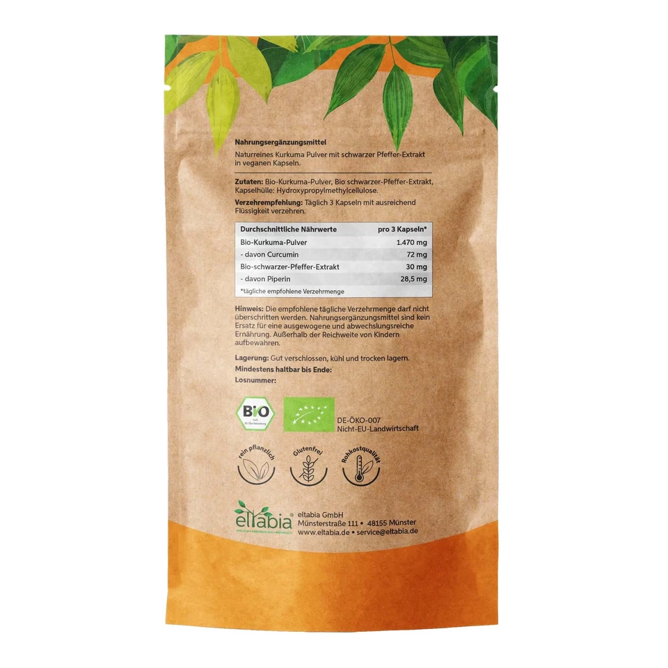Bio Kurkuma Kapseln | Curcumin & Piperin Hochdosiert 1500mg Tagesdosis Curcuma - Bild 2 von 4