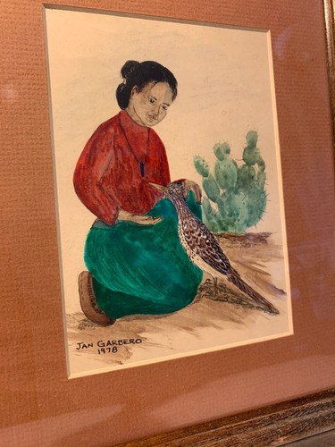 JAN GARBERO AQUARELL INDIAN GIRL FEED ROADRUNNER GERAHMT & SIGNIERT 1978 - Bild 2 von 9