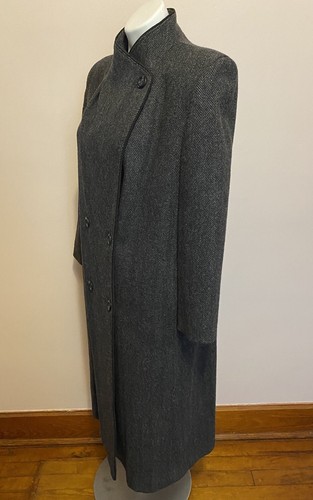 VTG 80s ALORNA Gray Herringbone Wool Blend Double Breasted Coat Long Petite L - Picture 2 of 9