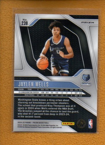 Jaylen Wells 2024-25 Panini Prizm Rookie Silver Prizm RC #239 Grizzlies - Imagen 4 de 4