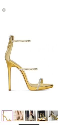 Giuseppe Zanotti Harmony Three Strap Rhinestone Sandal Heel Gold Patent Size 38