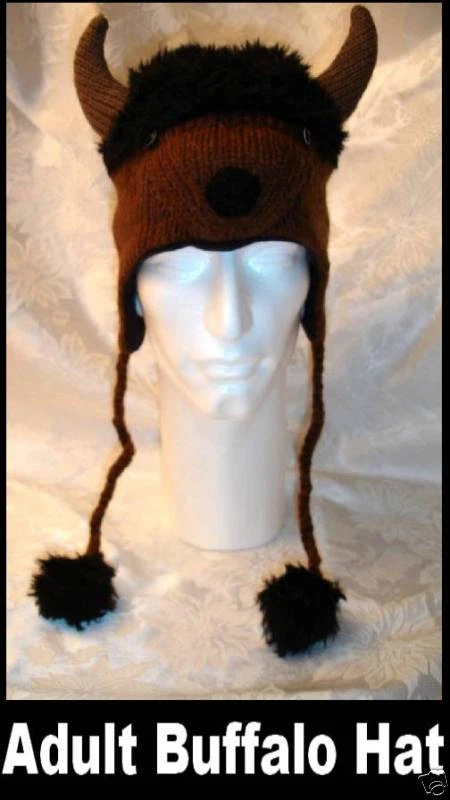 BUFFALO HAT knit ADULT bull animal ski cap bison viking costume buffaloes bill