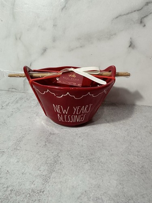 #ad #ad Rae Dunn “ NEW YEAR’S BLESSINGS” Red Ramen Ceramic Bowl w Wooden Chopsticks NEW $32.99