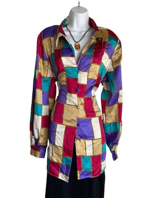 VTG Christie & Jill Plus XL Colorful Patchwork Satin Blouse Button Up Y2K