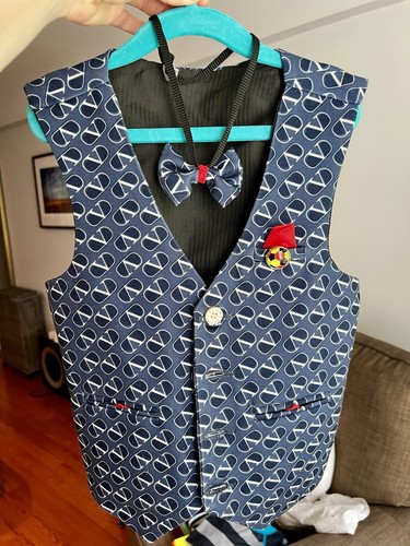 Stylish Blue Button-Up Outfit w/ Patterned Vest, Adjustable Bowtie, Pin (Kids 6) - Picture 14 of 15