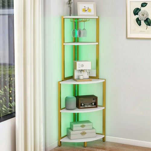 5 Tier Corner Bookcase Shelf w/ Power Outlets LED Lights & Glass Holder Bar Rack - Picture 13 of 27
