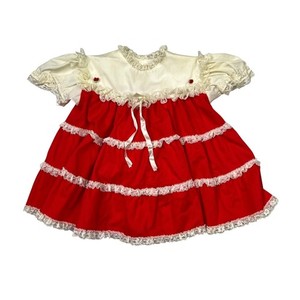 Vintage Ruffle Holiday Party Dress Lace Trim 60s 70s Red White Baby Girls 6-9M