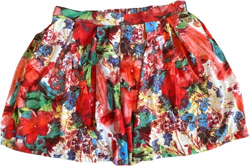 Vintage Lily White Colorful Floral Pleated Skirt Size L Elastic Waist