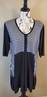 Magna Tunic Blouse Black White Striped 3/4 Sleeve Pockets Long Top Plus 1X