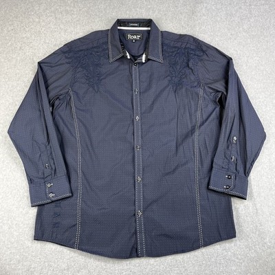 Roar Signature Mens Long Sleeve Button-Up Shirt 2XL Blue Embroidered Western