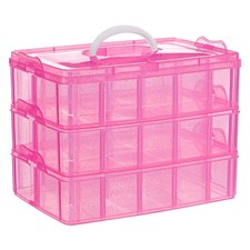 3-Tier Pink Craft Storage Container, Stackable Organizer Box with Dividers fo...