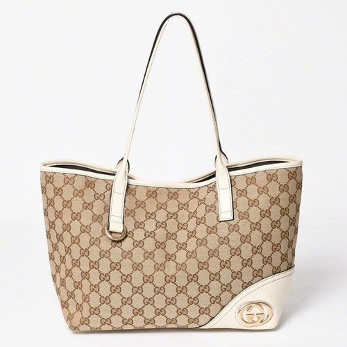 Gucci I i Tote Bag Handbag GG Canvas Leather Brown r18_0702