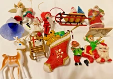 Vintage Christmas Ornaments Lot of 12 Assorted Japan, Hong Kong, Wood, Fabric