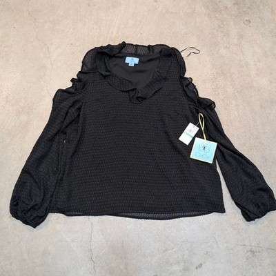 NWT CeCe Whistful Daydream Black Ruffle Detail Women's L Top Blouse