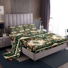 Green Southwestern Bed Sheets Set Queen Geometric Sheet Set Tribal Native Ame...