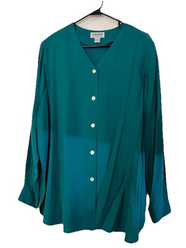 NWT Alfred Dunner Green Silk Tunic Top Long Sleeve Button Down Shoulder Pad S 18 - Foto 1 di 11