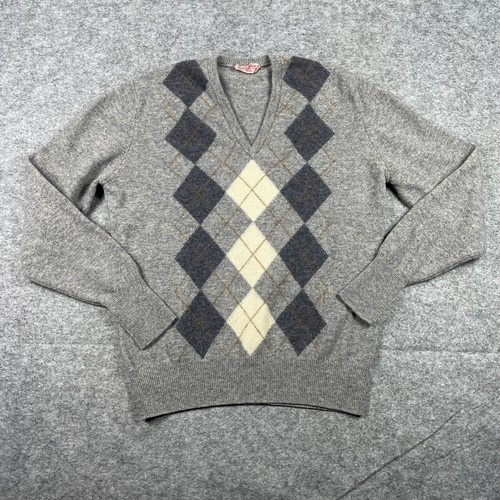 Jaeger, Vintage 70s Jaeger Sweater Mens 42 Grey Argyle V-Neck Lambswool Made In Scotland