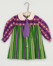 60s Toddler Dress Purple Green Plaid Stripe Daisy Print Peter Pan Collar Necktie