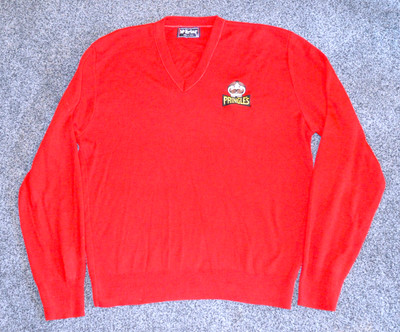 VINTAGE PRINGLE'S RED SWEATER MCBRIAR SIZE L ADVERTISING MR PRINGLE CHIPS CRISPS