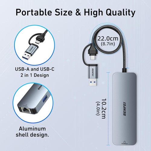 BENFEI USB-C USB 3.0 to Gigabit Ethernet Adapter, 3-Port Hub with... - Bild 7 von 8
