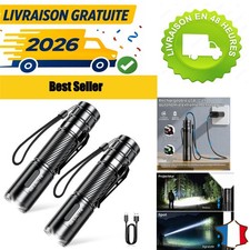 Lampe Torche LED Rechargeable 2 Pièces 2000LM Zoomable IP65 Ultra