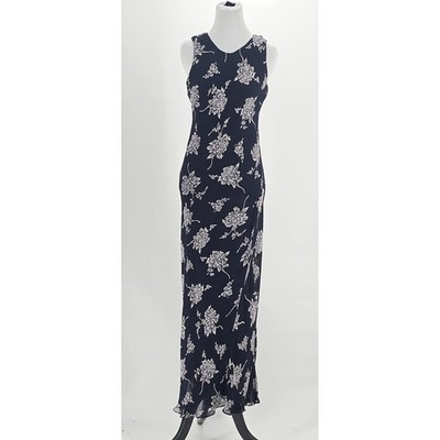 VINTAGE DJ Int'l Dress Womens Small Navy Blue Floral Maxi Sleeveless Lined 90s