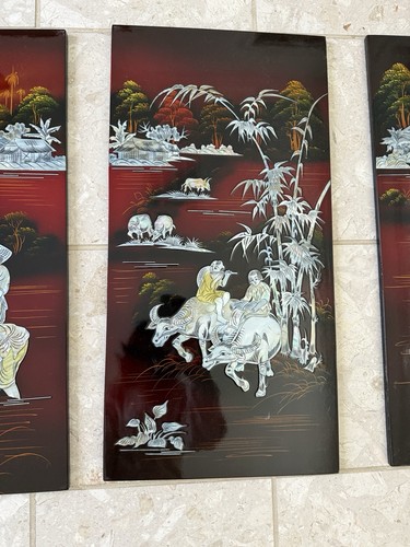 Vtg Mother of Pearl Inlay Decorative Wall Art Asian Red Lacquer Wood 4 Panels - Picture 5 of 7