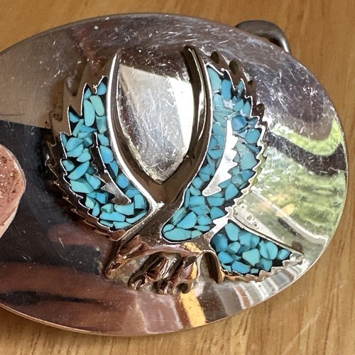 Hunting Flying Eagle - Turquoise Chip Inlaid Vintage Southwestern Belt Buckle - Picture 2 of 12
