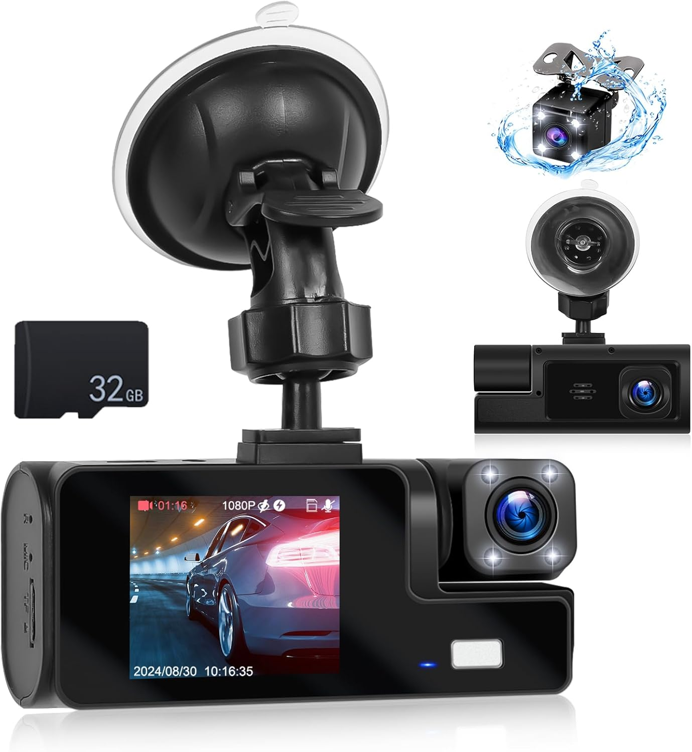 3-Channel Dash Cam with Front, Rear, and Interior Views for Cars