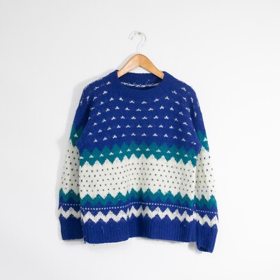 Vintage Fair Isle Striped Wool Sweater Mens Medium - Pilling Distressed Blue