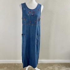 Vintage Erika Denim Midi Dress Small Blue Sleeveless Embroidered Cotton Pockets