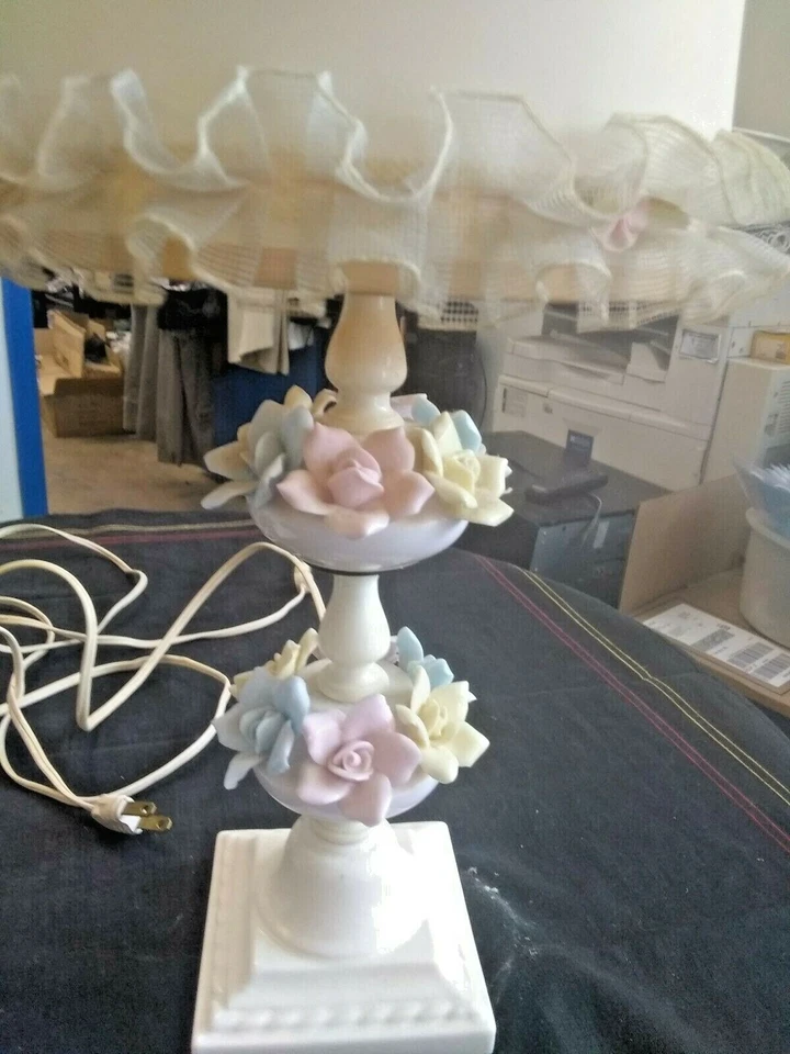 2 Nightstand Lamps Ceramic Lamp with Flowers Shade with Ruffle - Image 4 of 4