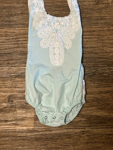 Blue Cotton Girls Romper With Lace Trimming And Overlay Size 18 Months - Picture 2 of 13