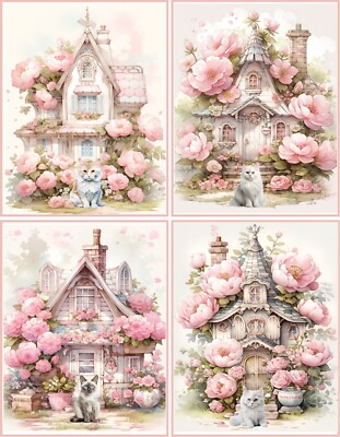 8 pink Cat Kitten Kitty Vintage Victorian cottage houses glossy note cards