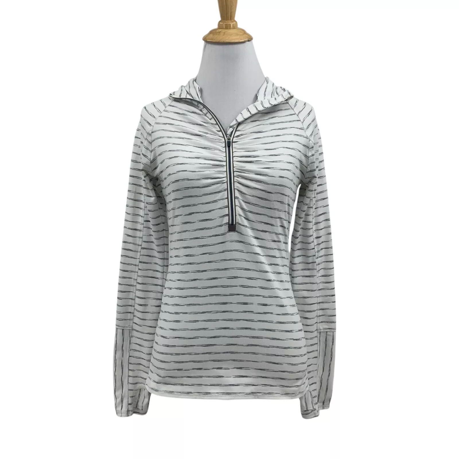 athleta elite half zip long sleeve striped gray shirt