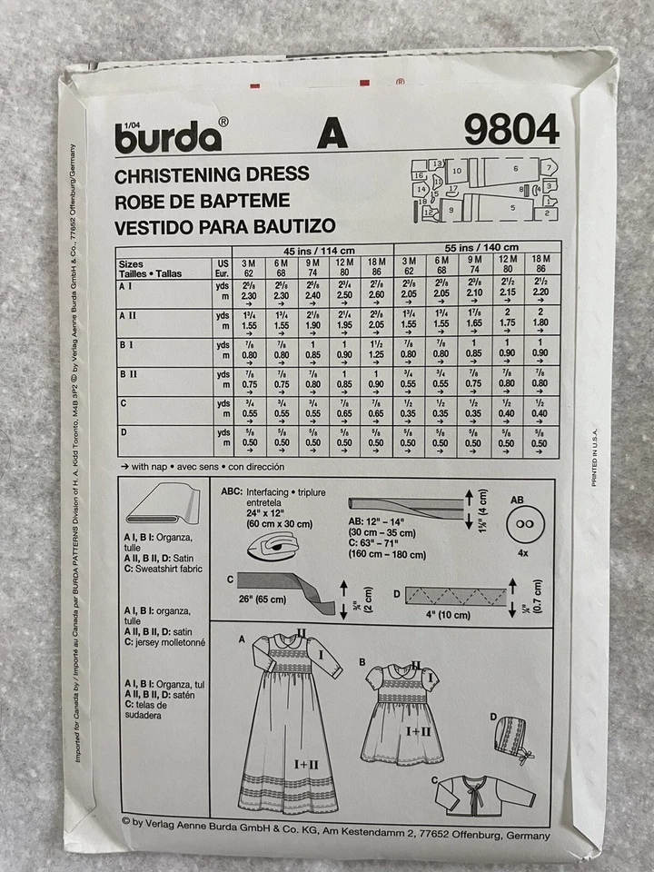 🌷3M-18M Baby Christening Dress Sewing Pattern Burda 9804 Eng Spanish French - Image 4 of 4