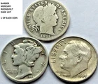 3 x Barber Mercury Roosevelt Dime 90% SILVER DIMES LOT x 1 each 10c RANDOM DATES