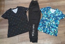 Womens Nautica GT Uniform Scrubs Blue Top Pants Lot Small nurse doctor Vet