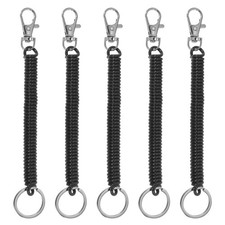 5 x Retractable Coil Spring Keychain with Lobster Clasp Keyring 12cm Black