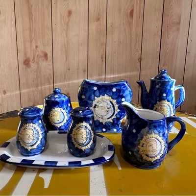 1990s Celestial Sun Moon Ceramic Tea & Coffee Set   7 Pieces Blue Boho Vintage