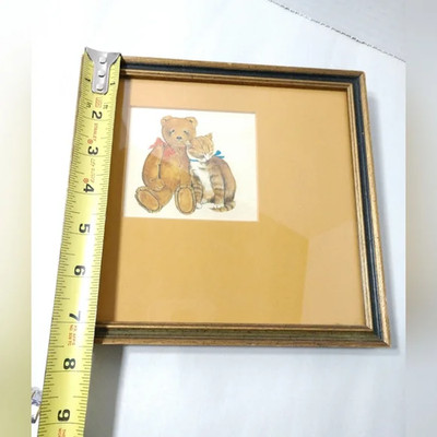 Kitty Cat Teddy Bear Art Sweet Cute Unique Small Picture Wall Decor Framed