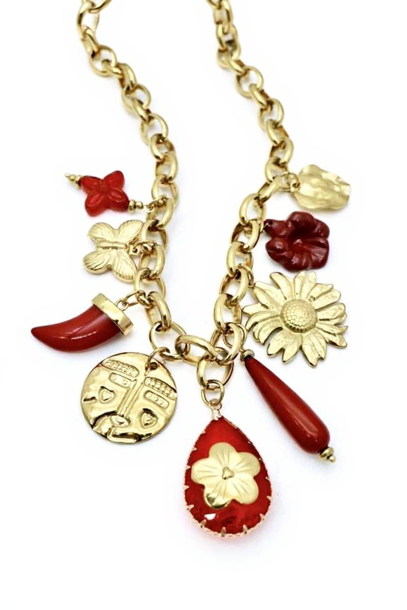 Collier acier doré pampilles rouge bordeaux finition luxe
