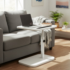 White Height Adjustable Swivel Side Table, C-Shaped Sofa End Table